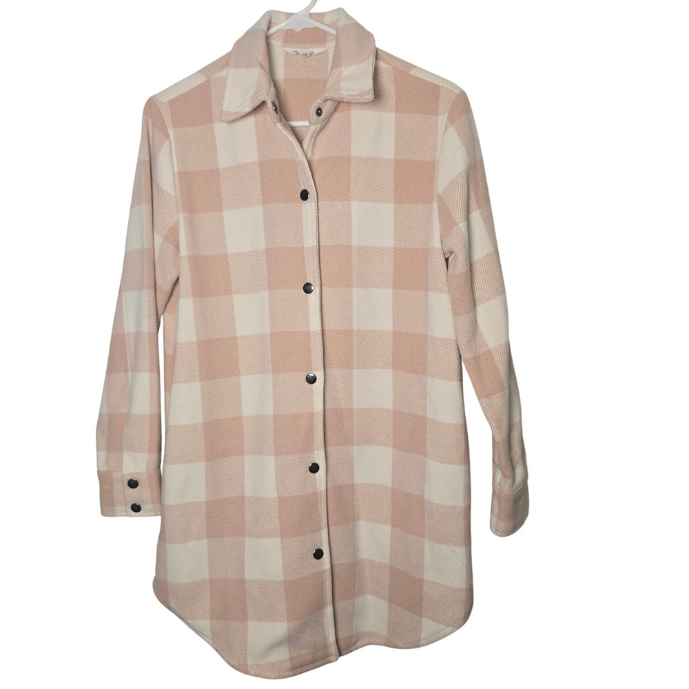 BB Dakota Plaid Shacket Oversized Long Sleeve Shirt Jacket Women XS Pink Cream
